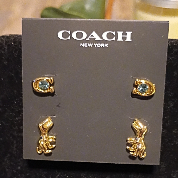 Coach Gold Earrings with Blue Accents - Picture 1 of 3